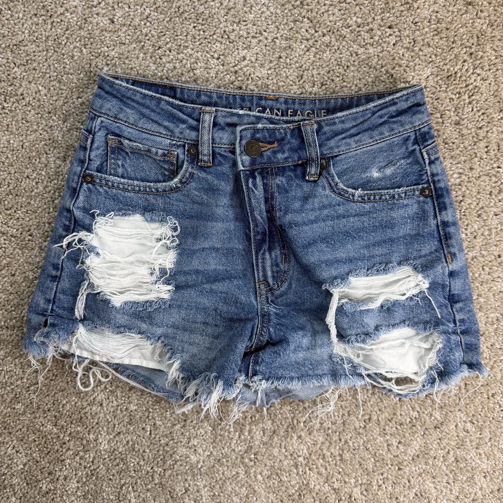 American Eagle Mom Denim Cutoff Shorts Womens 0 Blue Distressed Frayed Summer